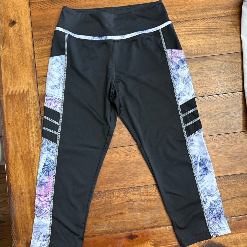 Black Women’s Athletic Capri Leggings with Purple Marble Panels